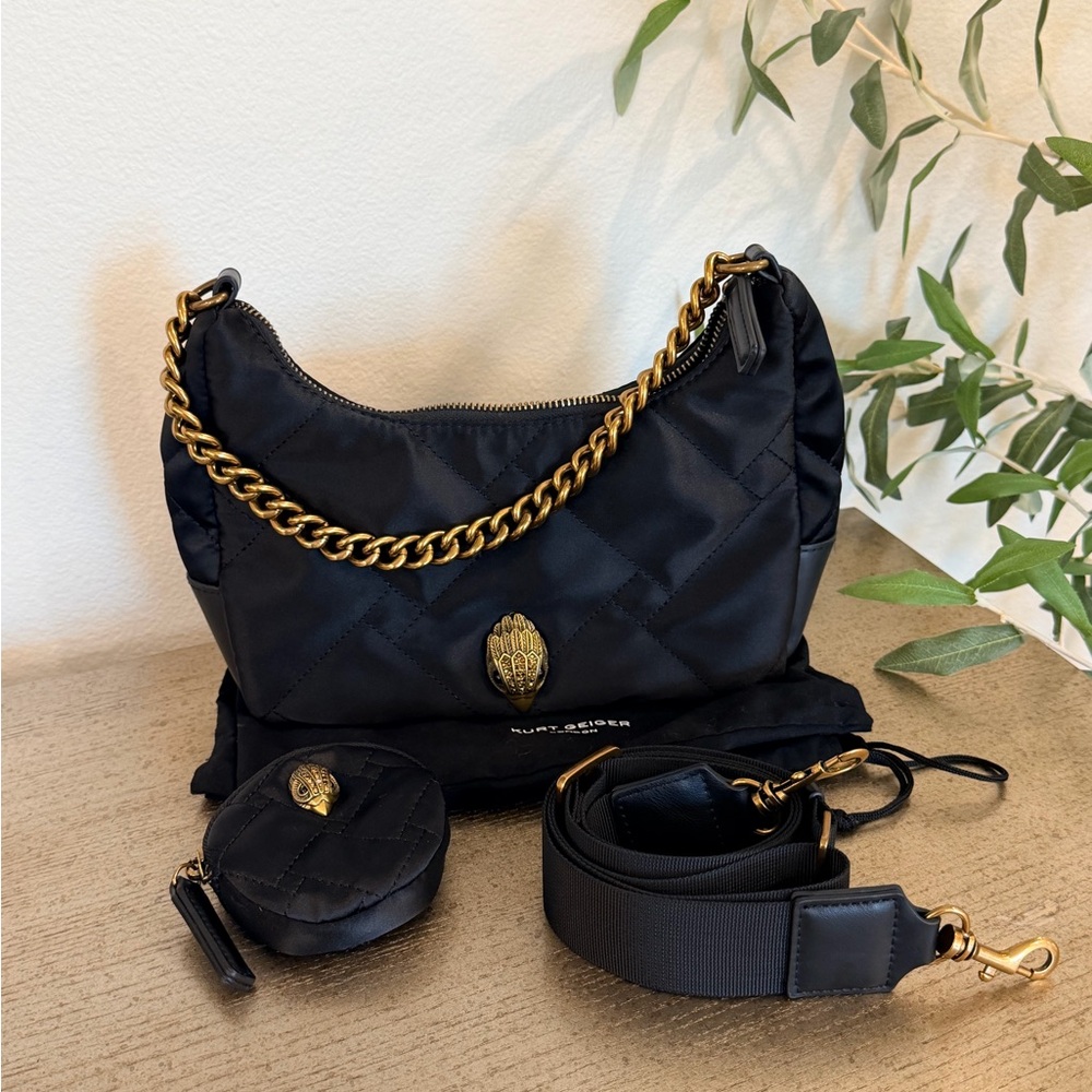 Kurt Geiger Black Quilted Shoulder Bag with Gold Chain Accent